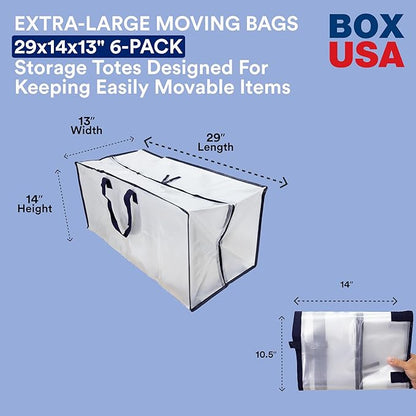 BOX USA 6 Pack Extra Large Clear Moving Bags with Handles & Zippers | Heavy Duty Storage Totes, Packing, Dorm Room Essentials & College Space Saving
