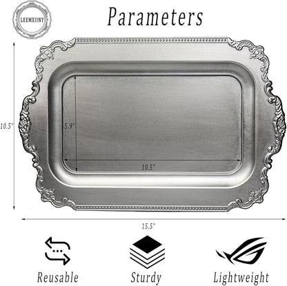 Set of 2 Matte Silver-Effect Plastic Decorative Trays for Coffee Table- Vintage Style (Actual Available Size: 10.5" L x 5.9" W)