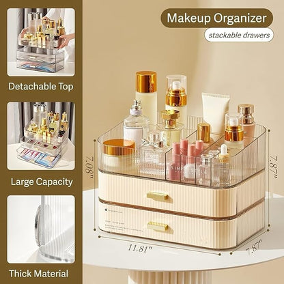 Decorcode Makeup Organizer with Stackable Drawers, Bathroom Countertop Vanity Organizers and Storage, Ideal for Desk and Dresser, Great for Cosmetics, skin Care, Lipsticks, Nail Care -Cream White