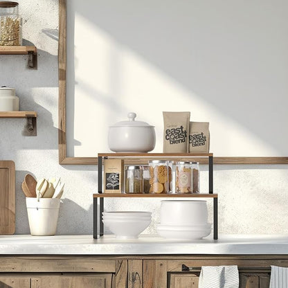 NEX Kitchen Cabinet and Counter Shelf Organizer, Stackable & Expandable, Set of 4, Black and Rustic Brown - 7.7 x 15.6 x 6.2''