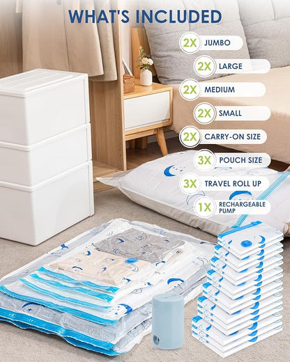Vacuum Storage Bags with Electric Pump, 16 Pack Vacuum Sealed Bag with 1500mAh Rechargeable Battery for Clothes, Blanket, Duvets, Pillows, Comforters, Travel