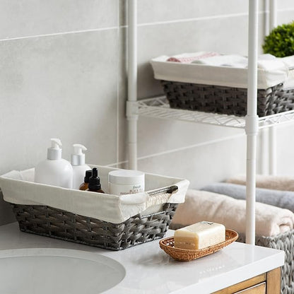 JS HANGER Wicker Storage Basket with Liners, Set of 2, Washable Waterproof, 12.6"L x 8.7"W x 4.3"H, Woven Basket for Pantry, Toilet, Bathroom, Bedroom, Patio, Grey