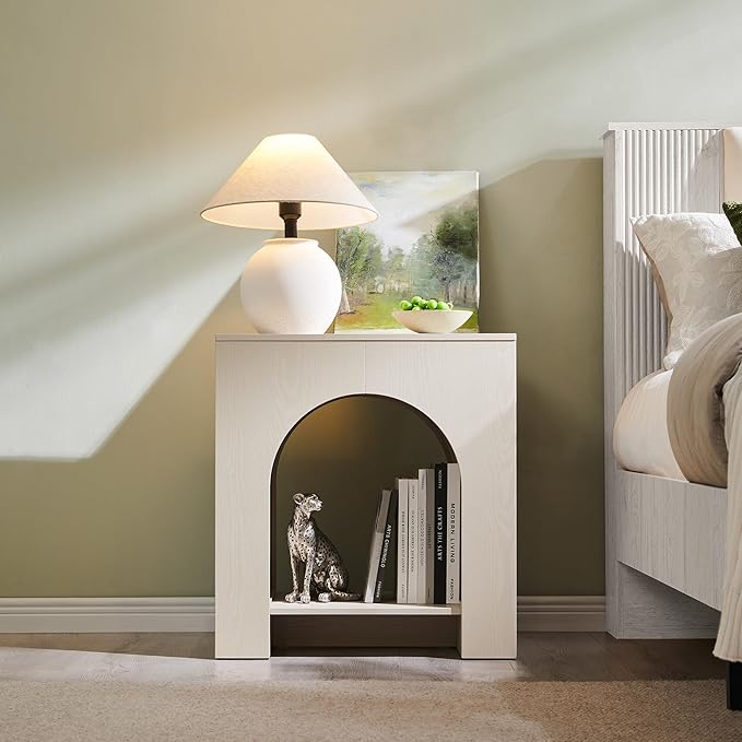 Arched End Table Set of 2 with Type-C Charging Station, 22" Modern Bedroom NightStand with Arched Shelf, Side Table with Outlet, USB, Type-C Port for Bedroom, Cream