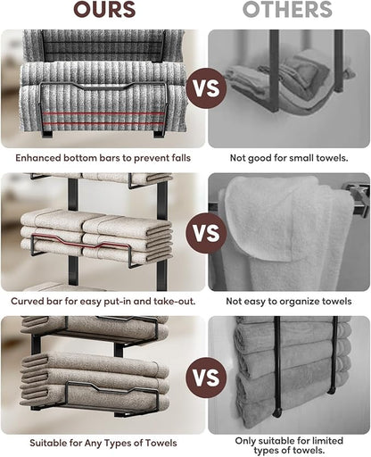 Hanging Towel Racks for Bathroom No Drill - Over The Door 8-Tier Bath Towel Storage Organizer for Small Bathrooms - Back Door Large Tiered Towel Holder Hanger for Rolled Towels RV Camper BLACK
