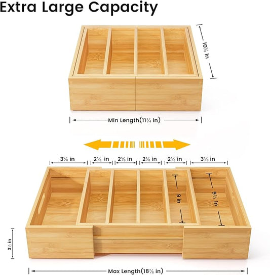 Kiasthome Expandable Bamboo Lid Organizers Inside Cabinet, Kitchen Cabinet Organizers with 3 Adjustable Dividers, Storage Plastic Lids, Food Container Lid Holder Organizer for Drawer Pantry, Nature