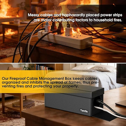 Tamfile Cable Management Box, Fireproof Foldable Cord Organizer and Cover, Heat Resistant Large Power Strip Organizer for TV Wires, Computer and USB Hub with Cable Clips & Reusable Cable Ties (Black)