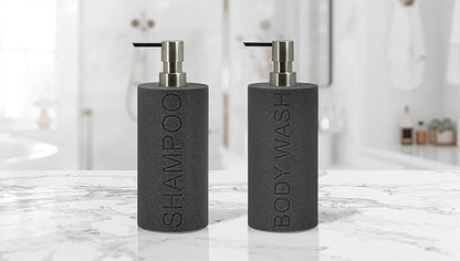 Indecor Home Resin 2 Pack Shampoo, Conditioner or Body Wash Dispenser Set, Luxurious Refillable Pump Bottles with Matte Pump Top and Embossed Text, Durable Design for Bathroom and Shower