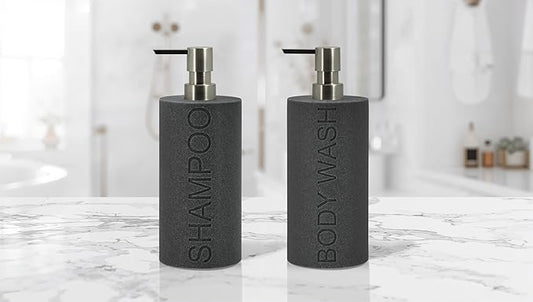 Indecor Home Resin 2 Pack Shampoo, Conditioner or Body Wash Dispenser Set, Luxurious Refillable Pump Bottles with Matte Pump Top and Embossed Text, Durable Design for Bathroom and Shower