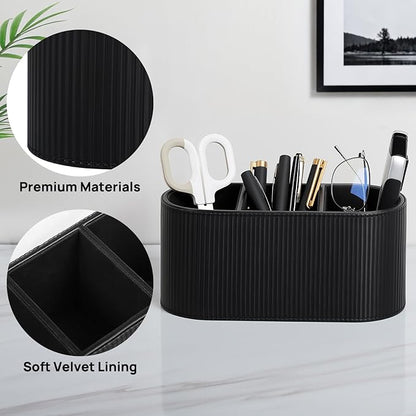 Aesthetic Remote Control Holder, PU Leather Pen Holder for Desk with 3 Compartments for Home Office Supplies and Accessories, Stylish Bedside Remote Holder Nightstand Desktop Organizer (Black)