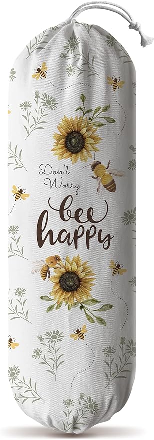 Hglian Kitchen Grocery Bag Holder,Bee Happy Plastic Bags Organizer Shopping Trash Bags Storage,Cute Bee Sunflower Farmhouse Home Décor
