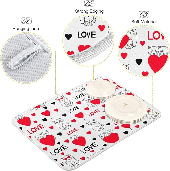 ZzWwR Cute Cats With Hearts Love Valentine's Day Absorbent Dish Drying Mat Microfiber Kitchen Countertop Table Protector Multi-Purpose Counter Rack Sink Drainer Pad (16 x 18 Inches)