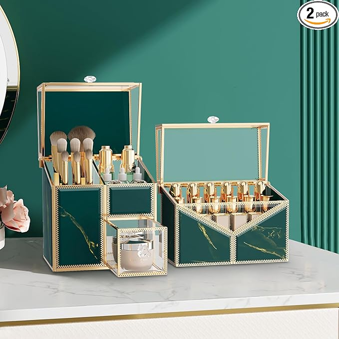 CoralHouse Makeup Organizer Countertop Set – Vanity Holder with 18-Slot Lipstick Organizer & Covered Makeup Brush Holder – Skincare, Perfume & Cosmetic Display for Bathroom or Dresser