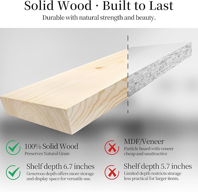 BGMG Wood Floating Shelves for Wall 30 inch, Rustic Wooden Wall Mount Shelves for Bathroom Living Room Bedroom Kitchen Farmhouse Set of 2-30x 6.7 x1.25 inch- DIY-Unfinished