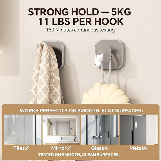 XCIXCI 2Pack Suction Cup Hooks for Shower, Bathroom, Glass Door – Heavy Duty Waterproof Suction Hooks for Towel, Loofah, Bath Robe and Wreath Hanging – No Drill Removable Hook, Brushed Silver