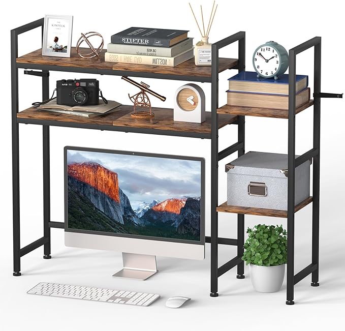 Desktop Bookshelf, Computer Desktop Bookcase Multipurpose Wood Desk Hutch Bookshelf High-Capacity Desk Hutch Organizer for Computer (Brown)