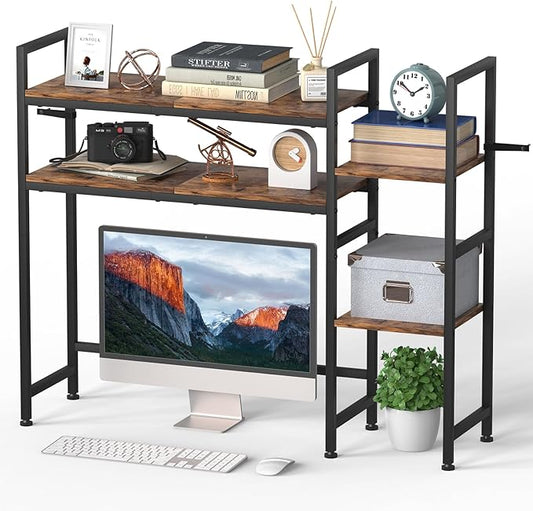 Desktop Bookshelf, Computer Desktop Bookcase Multipurpose Wood Desk Hutch Bookshelf High-Capacity Desk Hutch Organizer for Computer (Brown)