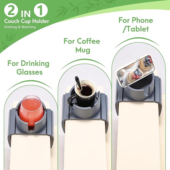 SINWANT Couch Cup Holder, 2 in 1 Bamboo Couch Drink Holder,Foldable Anti-Slip Sofa Mug Holder for Coffee Mug,Bottles,Cans etc. on 5 Inch Square Soft Sofa Armrest
