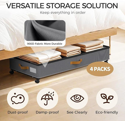 BETBEM Under Bed Storage with Wheels 4-Pack, 75L XXL Under the Bed Storage Containers Large, 12" Tall Adjustable Storage for Underbed with Lids, Rolling for Shoes, Clothes, Blankets (4PCS-Grey)
