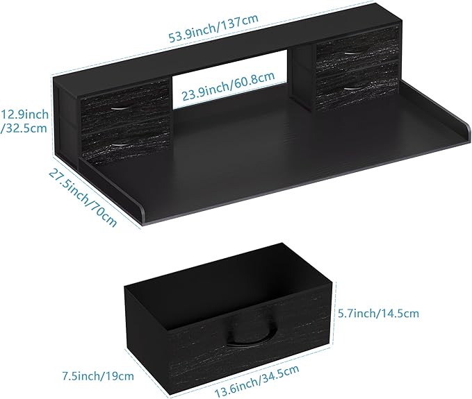 Washer and Dryer Countertop, 27.5“ D x 53.9“ W x 12.9“ H Solid Wood Washer and Dryer Countertop with Organizer Shelves with Four Drawers for Laundry Room Organization (Black)