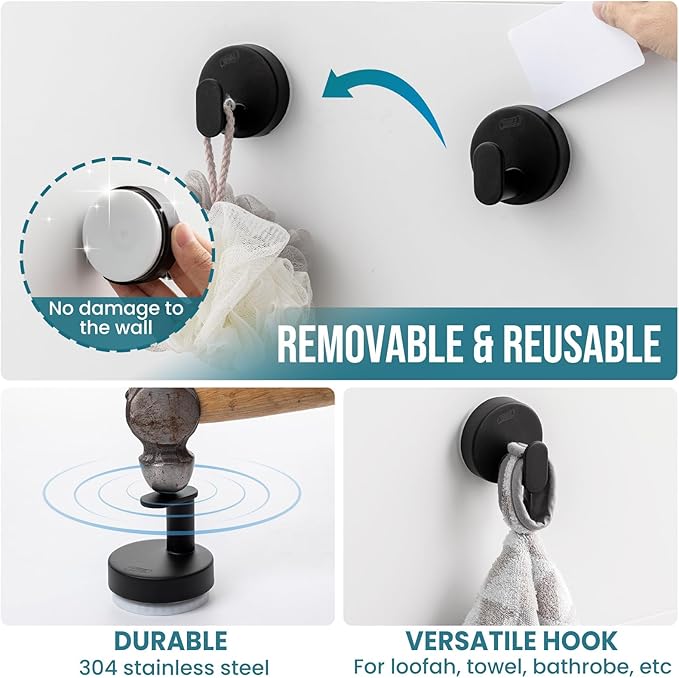 TAILI 304 Stainless Steel Bathroom Suction Hooks for Towel, Bathrobe, Loofah, No Damage Hanging Glass Shower Wall Hook, Patented Strong Suction Cup Holder, Hold Up to 11 Lbs, 2 Pack, Black