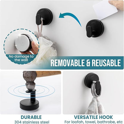 TAILI 304 Stainless Steel Bathroom Suction Hooks for Towel, Bathrobe, Loofah, No Damage Hanging Glass Shower Wall Hook, Patented Strong Suction Cup Holder, Hold Up to 11 Lbs, 2 Pack, Black