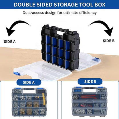 Andalus Tools Organizer Box, Small Parts Storage 34-Compartment Double-Sided Portable Hardware Organizer Removable Plastic Dividers for Screws, Nuts, Bolts, Nails – Blue (1 Pack, 12.5" x 10.5" x 3")