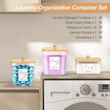 3 Pack Plastic Laundry Pods Container & Dryer Sheet Holder, Laundry Room Organization and Storage Jars with Lids, Scoops & Labels for Detergent, Powder, Scent Booster
