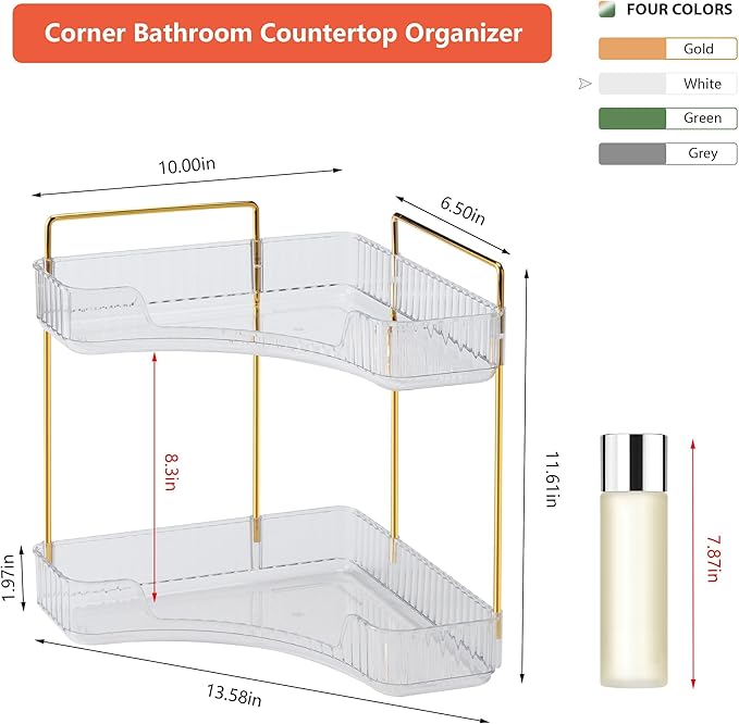 Weidace Corner Bathroom Counter Organizer Bathroom Countertop Shelf Makeup Organizer for Vanity Perfume Tray for Corner Storage (2 Tiers, White)