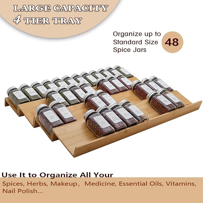 Angimio Bamboo Spice Rack Drawer Organizer - 8 Pieces Set- 11" Wide Per Piece - Combine Pieces Into 22" Wide Rack (11" or 22")