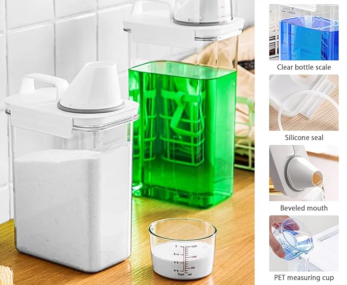 60.8OZ Clear Laundry Detergent Dispenser, Double Sealed Storage Container with Wide Mouth & Funnel Design, Transparent Leak-proof Organizer for Laundry Room, Fabric Softener, Bleach