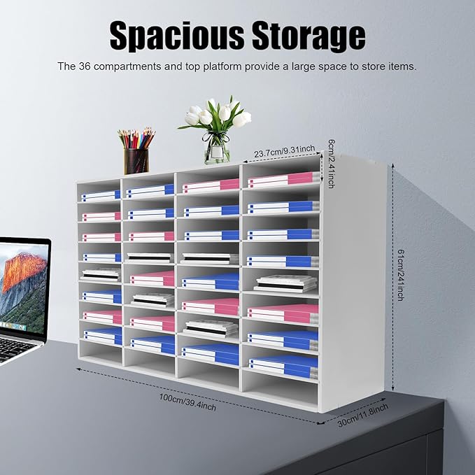 Literature Organizer Sorter,Desktop File Sorter Mail Center Magazine Paper Storage PVC Board File Holder Mailbox Student Classroom Keepers for Home&Office (White, 36 Slots)