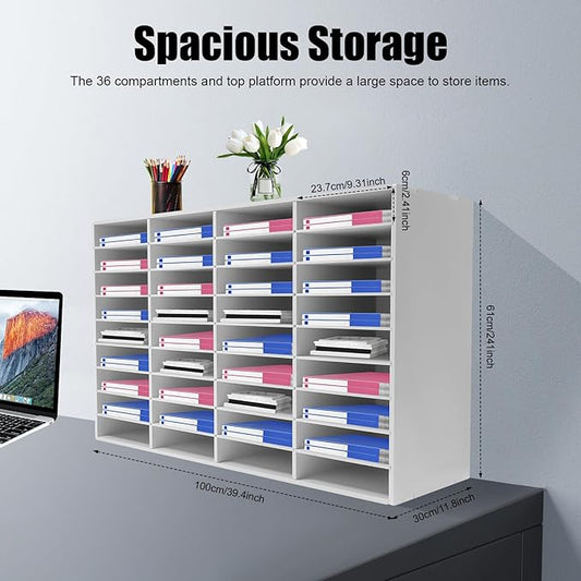 Literature Organizer Sorter,Desktop File Sorter Mail Center Magazine Paper Storage PVC Board File Holder Mailbox Student Classroom Keepers for Home&Office (White, 36 Slots)