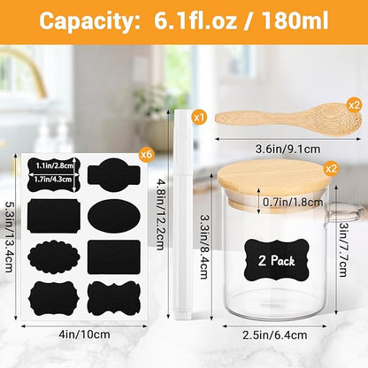 Glass Jar with Bamboo Lids and Spoons - 2 Pack 6 Fl.oz Airtight Round Glass Pantry Containers Set, Includes Labels and Marker, Food Storage Canisters for kitchen for Spice, Coffee, Sugar, Tea