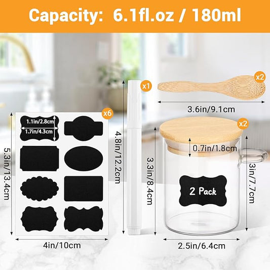 Glass Jar with Bamboo Lids and Spoons - 2 Pack 6 Fl.oz Airtight Round Glass Pantry Containers Set, Includes Labels and Marker, Food Storage Canisters for kitchen for Spice, Coffee, Sugar, Tea