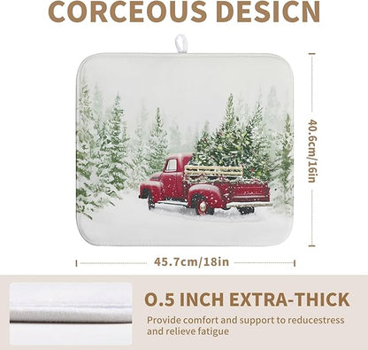 Wnoesat Christmas Dish Drying Mat Red Truck Xmas Tree Drying Mats for Kitchen Counter Winter Holiday Dishes Drainer Mats Absorbent Microfiber Dish Draining Pad Extra 16x18 Inch