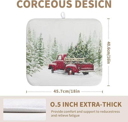 Wnoesat Christmas Dish Drying Mat Red Truck Xmas Tree Drying Mats for Kitchen Counter Winter Holiday Dishes Drainer Mats Absorbent Microfiber Dish Draining Pad Extra 16x18 Inch