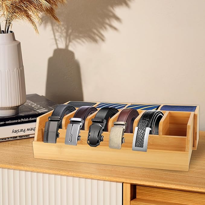Niciksty Adjustable Wood Belt Organizer, 10 Compartments Belt Rack and Tie Storage Holder for Closet and Drawer, Belt Holder Organizer and Displayer, Tie Holder Storage for Men Women, Wood Color
