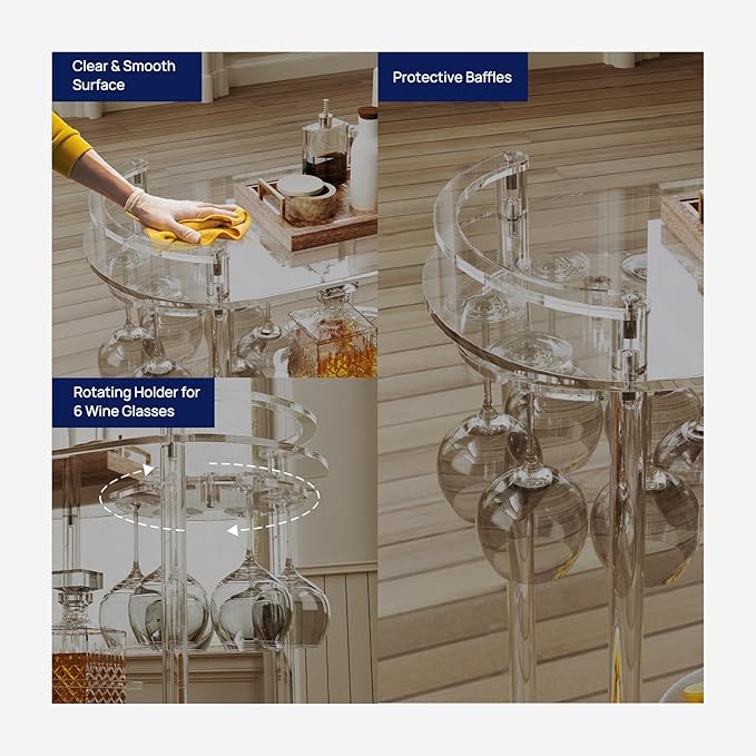 HMYHUM Acrylic Bar Cart with 4 Lockable Wheels, Clear Home Beverage Cart with Glass Holder, 3-Tier Rolling Serving Cart for Kitchen, Dining Room, Modern, Oval, 15''D x 23.6''W x 32.3''H