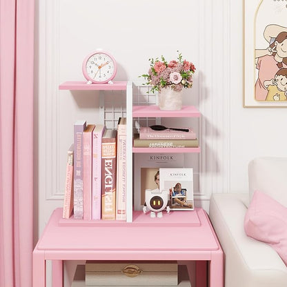 ELITEROO Desktop Bookshelf, Tiered Desk Organizer Shelf, Wooden Tabletop Bookshelf Small Desk Book Shelf, Dresser Top Organization Storage Rack and Desk Decorations for Women Office, Pink