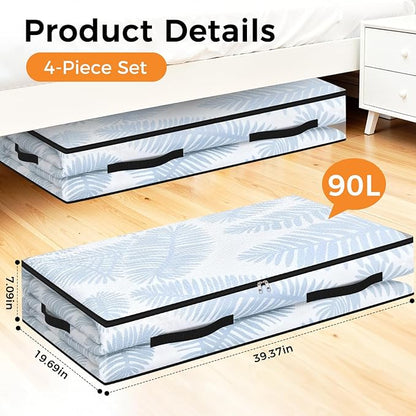 EdenDwell 4 Pack Under Bed Storage Bags, 90L Foldable Clear Storage Containers with Handles, Dual Zippers for Comforter, Clothes, Bedding, Linen Sheets, Sweaters, Blanket Storage