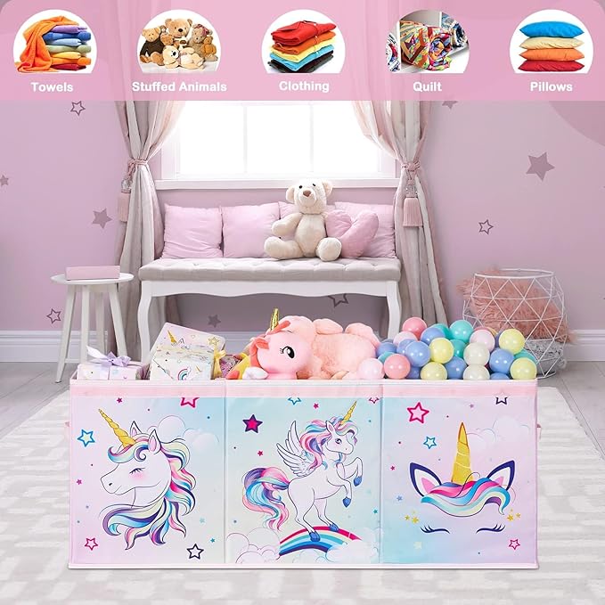 WERNNSAI Extra Large Toy Chest - Unicorn Toy Box Chest Organizer with Flip-Top Lid Collapsible Sturdy Storage Bin with Handles 38 x 13 x 16 Inch for Kids Girls Pink Closet Nursery Living Room Bedroom