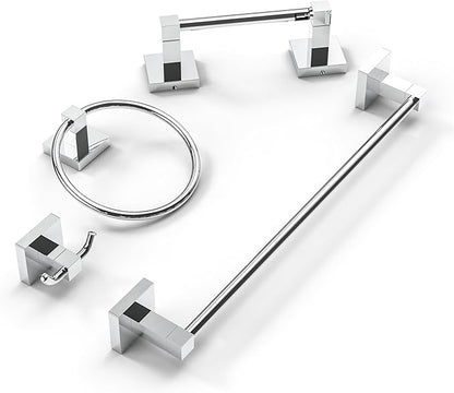 Ruacq Chrome 4pcs Bathroom Hardware Set-Toilet Paper Holder-Towel Ring -Towel Hooks for bathrooms-18 Inch Towel Bar Stainless Steel Wall Mounted, Bathroom Accessories Set