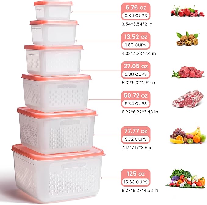 ANJUKE 6-Piece Fruit Storage Containers for Fridge with Lids — BPA-Free Produce & Salad Keeper with Removable Colanders, Dishwasher & Microwave Safe, Multi-Size Meal Prep & Lettuce Saver