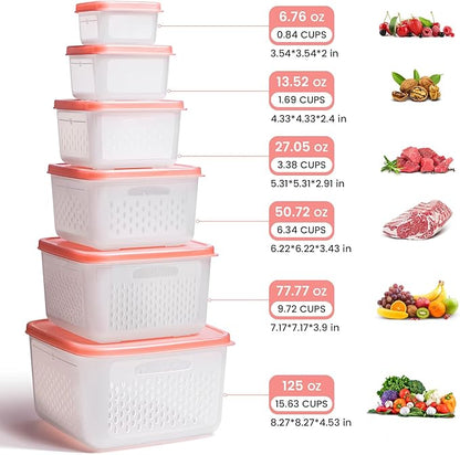 ANJUKE 6-Piece Fruit Storage Containers for Fridge with Lids — BPA-Free Produce & Salad Keeper with Removable Colanders, Dishwasher & Microwave Safe, Multi-Size Meal Prep & Lettuce Saver