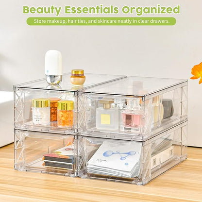 4 Pack Acrylic Storage Drawers, Clear Stackable Storage Drawers, Acrylic Organizers Drawers for Under Sink, Pantry, Bathroom, AcrylicStorage Containers for Makeup Organizers Cosmetic Display, Medium