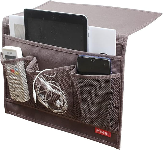 Meeall Bedside Storage Organizer with Pockets, Bedside Organizer Caddy for Remote Control, Table Cabinet, Phones, Magazines, Tablets, Accessories, Brown