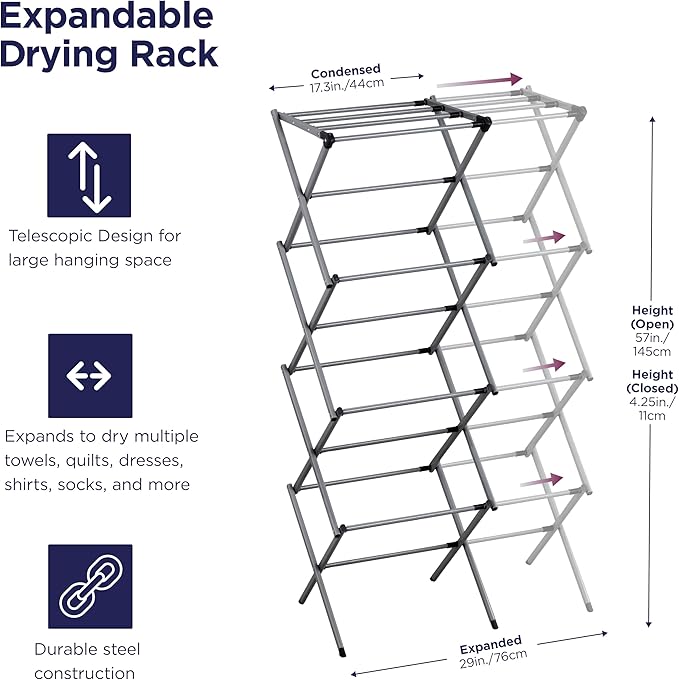 BLACK+DECKER 4-Tier Expandable Collapsible Clothes Drying Rack, Telescopic Height, Foldable Space-Saving Laundry Air Dryer for Towels, Shirts & Delicates – Durable Steel, No Tools Needed
