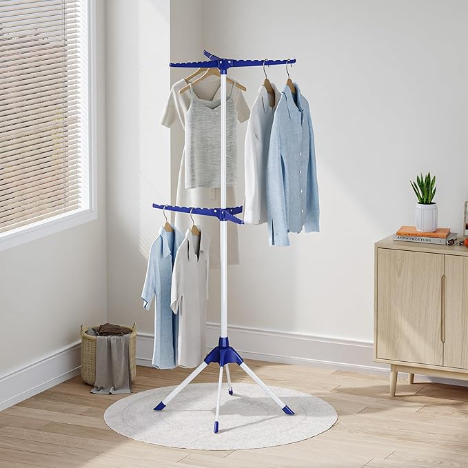 APEXCHASER Clothes Drying Rack 2-Tier Folding Laundry Drying Rack, 57 Inch Collapsible Clothing Rack 4 Legs, 6 Arms for 48 Hangers, Portable Clothes Airer for Indoor Outdoor Beach RV Travel, Blue