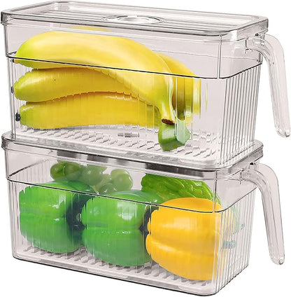 Loobuu 2 Pack Plastic Food Storage Produce Containers for Fridge, Stackable Lettuce Keeper for Refrigerator with Removable Drain Tray Keep Fresh for Vegetables/Fruit/Berry/Salad - 10'' x 5.3'' x 5.2''