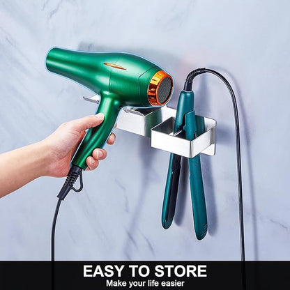 WAYASI Blow Dryer Holder Wall Mounted, Hair Dryer and Straightener Holder, Hairdryer Holder for Bathroom, Curling Iron Holder, Salon Hair Tools Organizer Storage, Silver